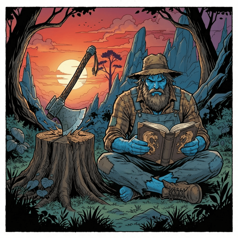 Blue warrior reading a book; speech bubble text MMMMMM- MMMMI- near a forest sunset.