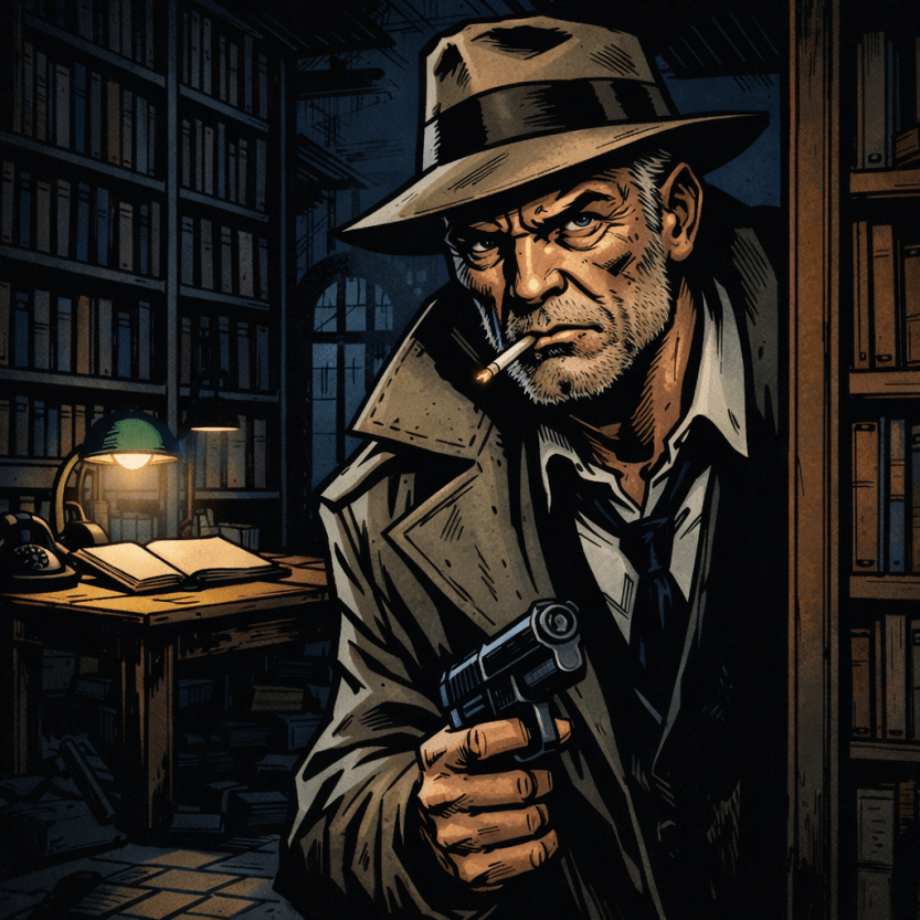 Detective in trench coat and fedora holding a gun, smoking a cigarette, peeking around a bookshelf in a dimly lit library.