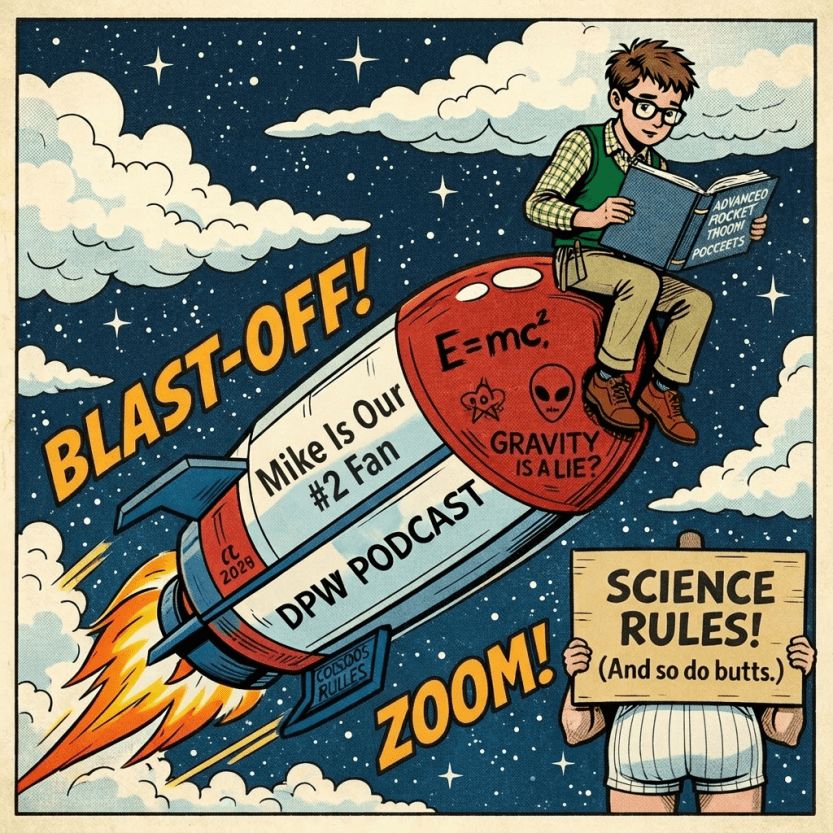 Student reading astrophysics book sitting on a rocket labeled Astro-Boost 1