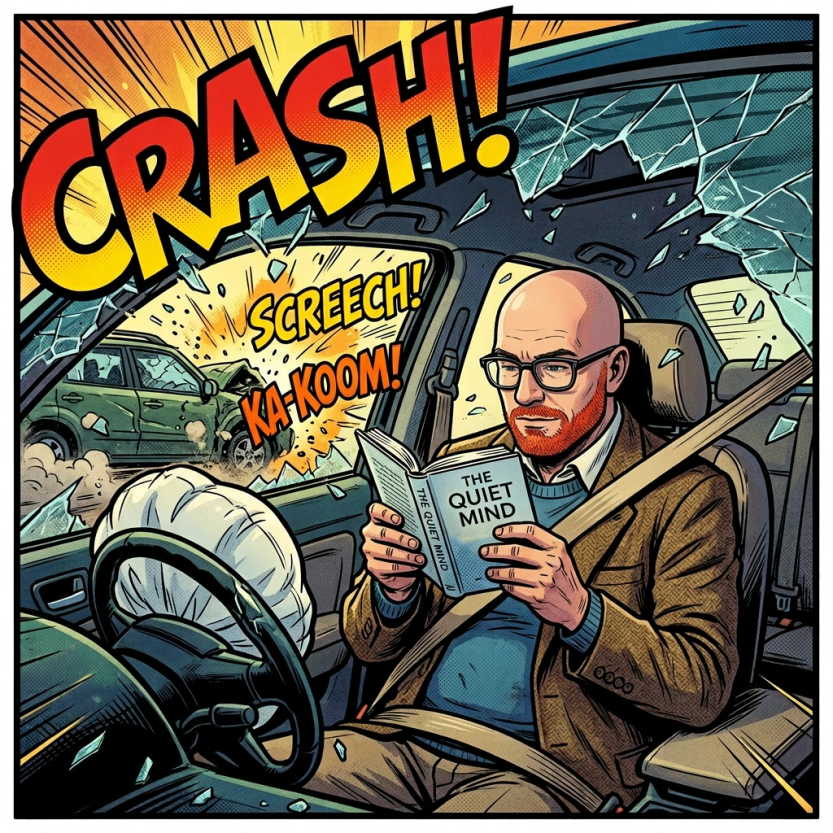 Man reading a book inside a car with shattered windows during a crash