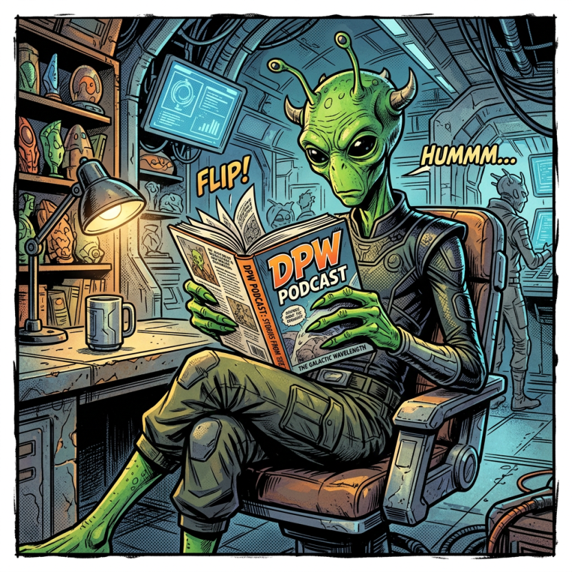 Green alien reading DPW podcast magazine in a high-tech room filled with gadgets and sculptures