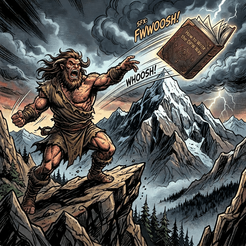Mythical humanoid figure angrily throwing an ancient book off a mountain