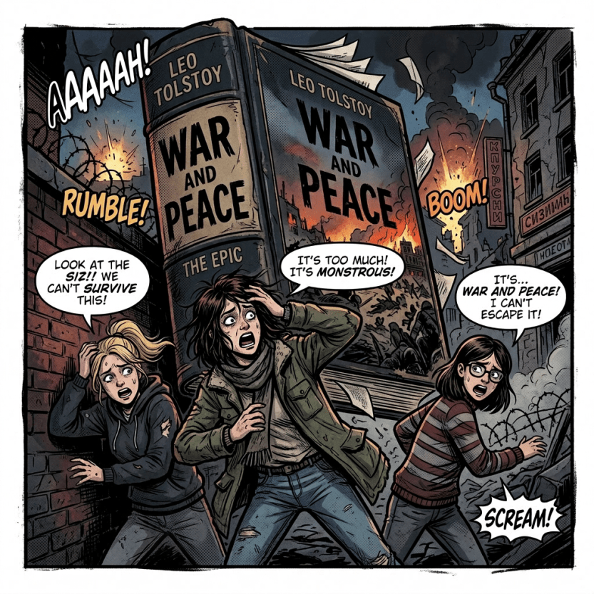 Three frightened people with a giant War and Peace book behind them in a war-torn city.
