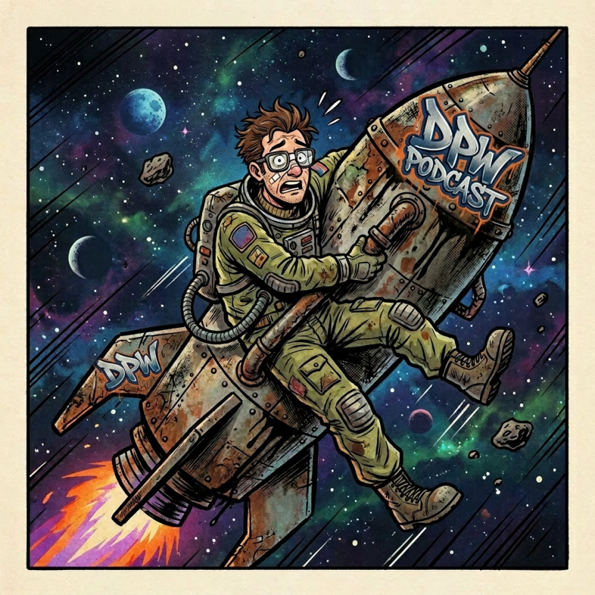 Astronaut holding onto a rusty rocket in space, expressing distress