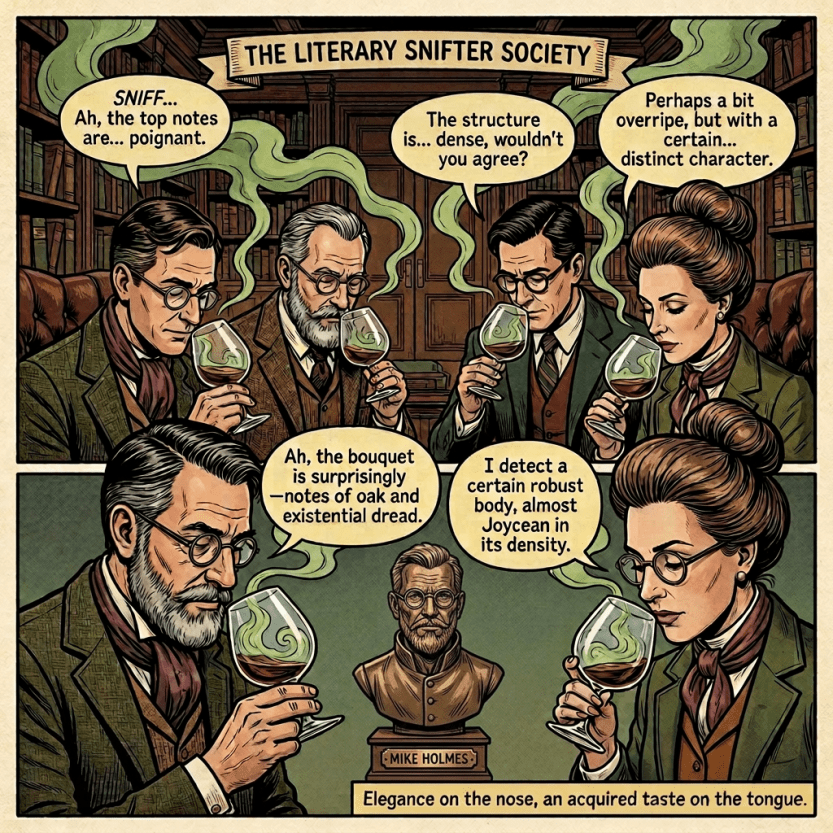 Four people in vintage attire sniff and discuss wine with literary-themed descriptions.