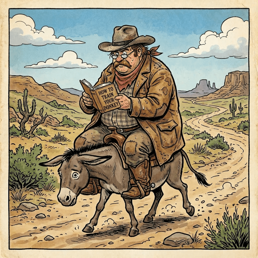 Cowboy riding a donkey and reading a book titled 'Legends of the Old West'