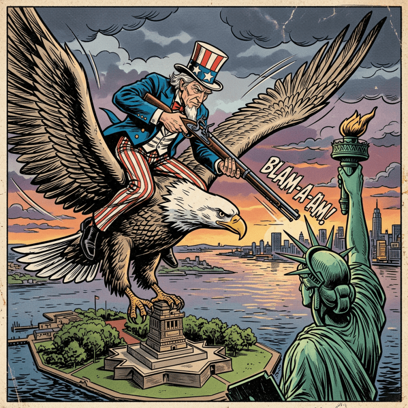 Uncle Sam riding a large eagle holding a rifle aimed at the Statue of Liberty with city skyline in background
