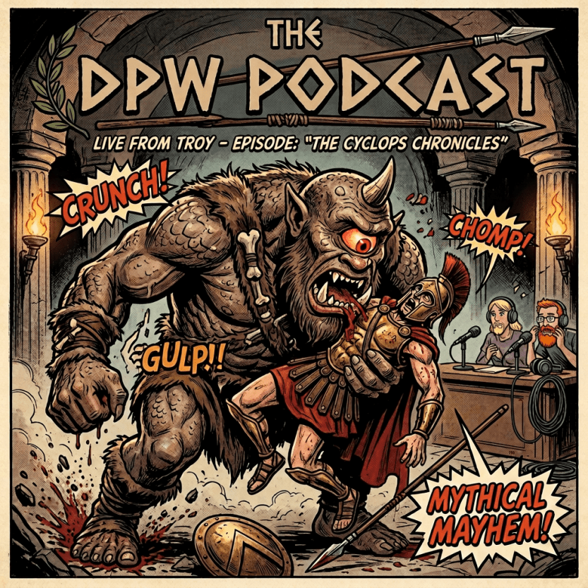 Cyclops eating a Greek warrior in a podcast recording setting