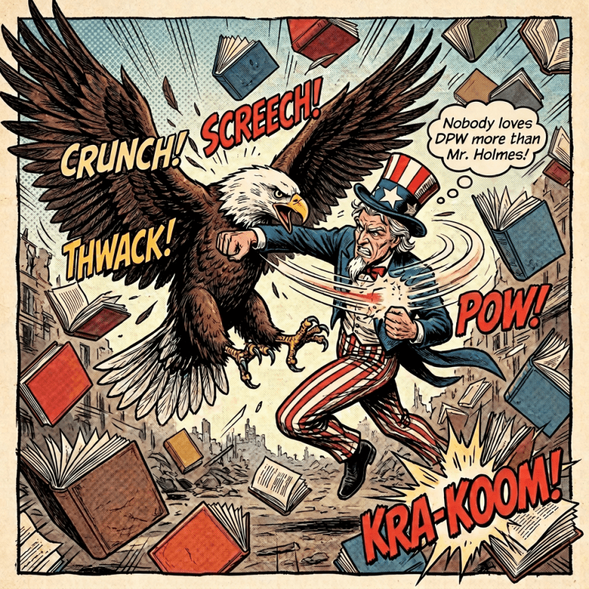 Uncle Sam punching a large eagle with books flying around, including titles like The Bill of Rights and Democracy in Crisis