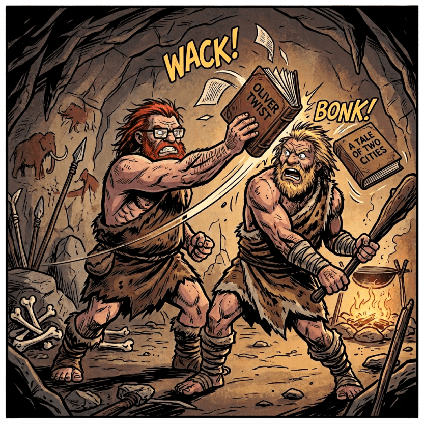Two cavemen hitting each other with books titled Oliver Twist and A Tale of Two Cities inside a cave.