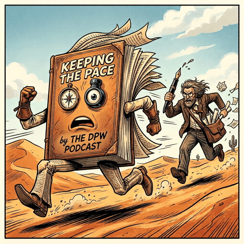 Comic panel showing an author chasing a running book titled The Great Novel: The Unwritten
