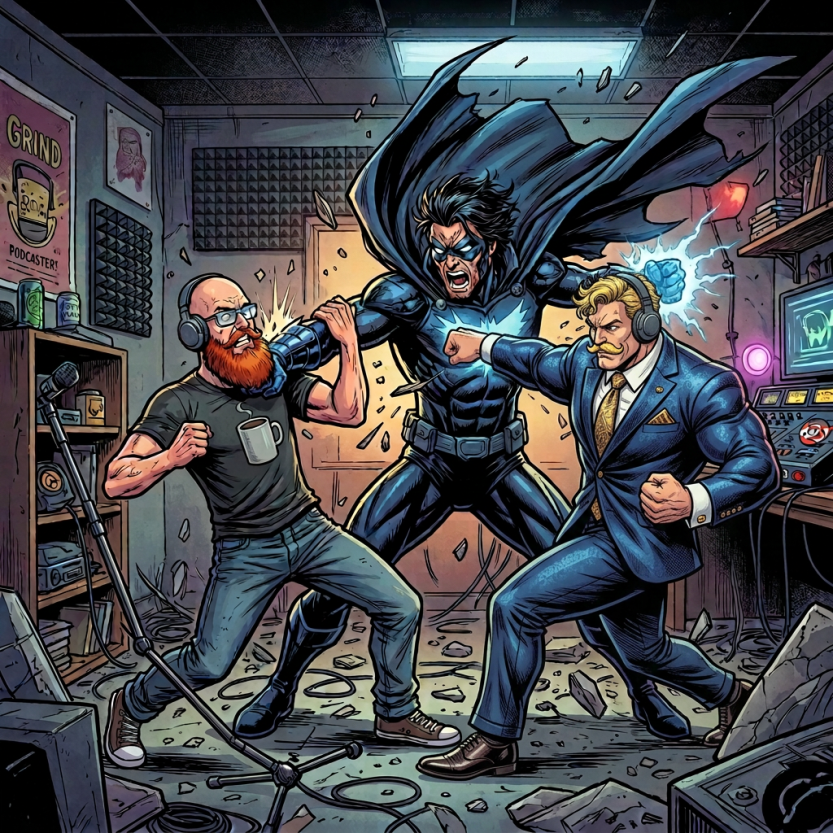 Comic panel reading "PODCAST RUMBLE!" with two podcasters fighting Nightstalker in a wrecked studio