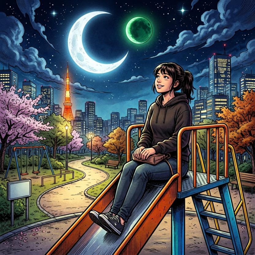 Woman on playground slide in Tokyo park; text reads SHINE!, GLOW!, TOKYO NIGHT!, TOKYO, 東京, and 公園 PARK.