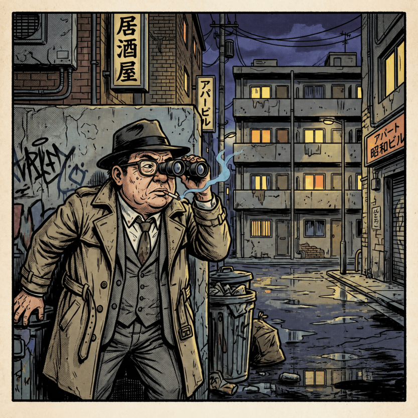 Detective smoking and using binoculars in a Tokyo alley, with stakeout text
