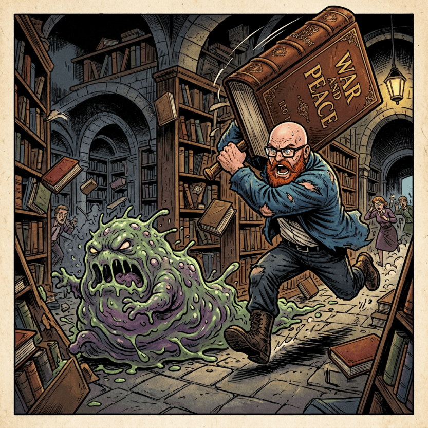 Comic scene of a librarian fighting a green blob in a library with War and Peace books
