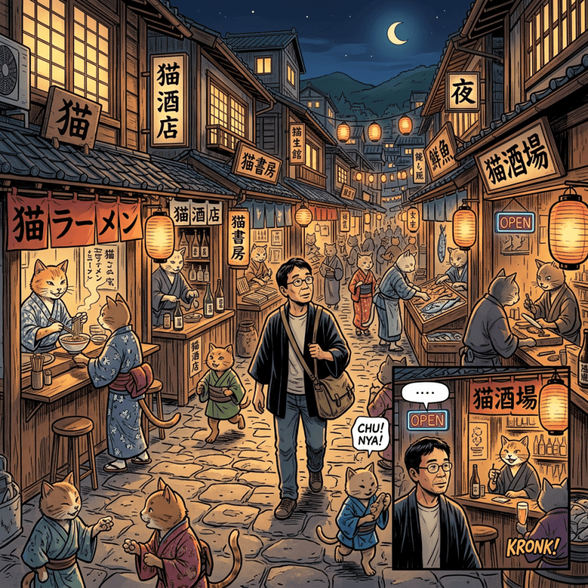 Illustrated moonlit Japanese market street filled with cat characters and signs