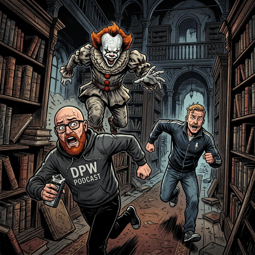 Two men run through a haunted library while a sinister clown chases them; speech bubbles say “HA HA HA! YESS!” and “RUN!”