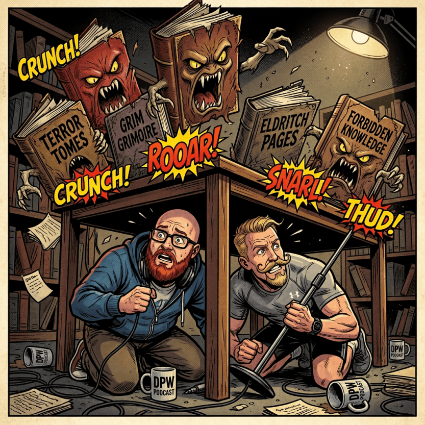 Two podcasters face books labeled TERROR TOMES, GRIM GRIMOIRE, ELDRITCH PAGES, and FORBIDDEN KNOWLEDGE; CRUNCH, ROAR, SNARL, and THUD appear.