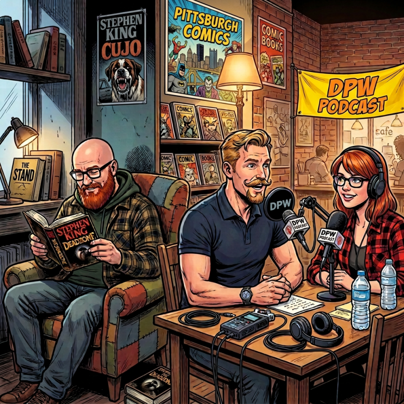 Three people record a podcast beside comics, books, microphones, and a Geek Speaks banner