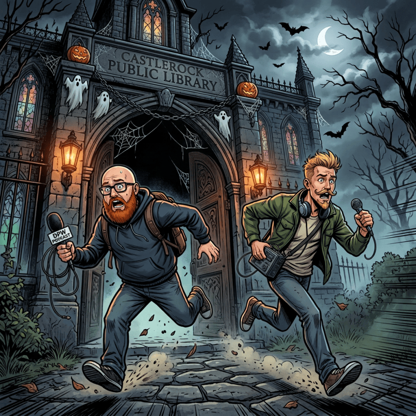 Comic scene: two podcast hosts run from the haunted Old Creek Public Library; text reads “OLD CREEK PUBLIC LIBRARY,” “HAUNTED,” “IT’S COMING!,” “AAAAHH!,” “GO! GO!,” “DON’T LOOK BACK!,” and “THUMP!”